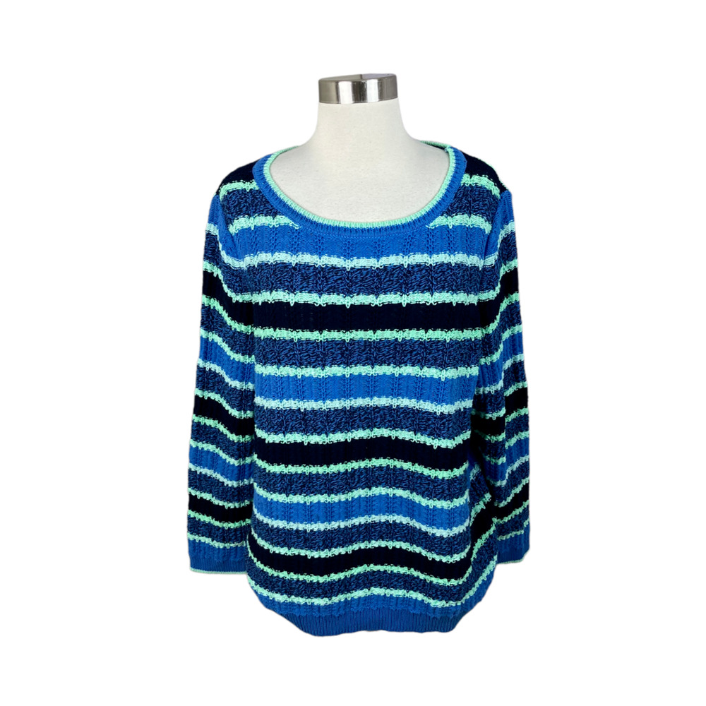 Talbots 2X Blue Green Woven Stripe Pullover Cotton Sweater